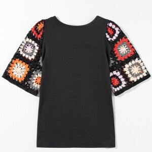 Black Floral Crochet Short Sleeve‎ Top